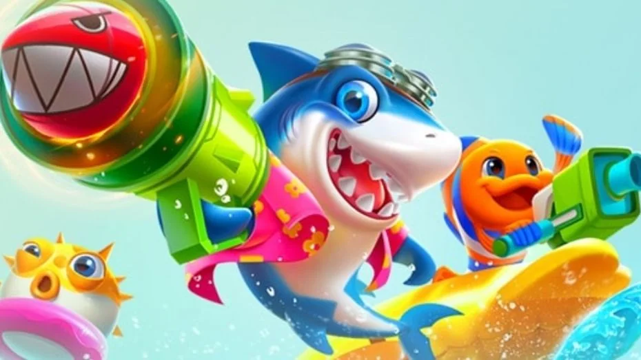 Ilustrasi layar permainan tembak ikan di lobi RADEN4D
